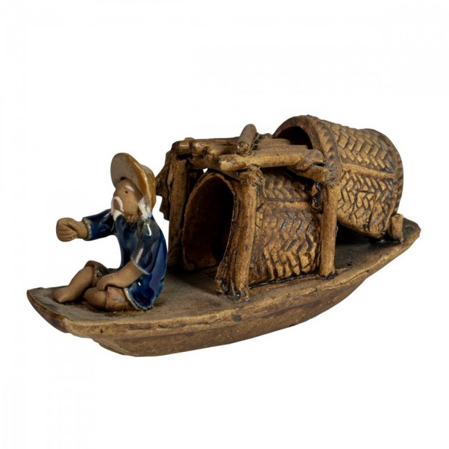 Středně velká keramická figurka - Rybář sedící v člunu