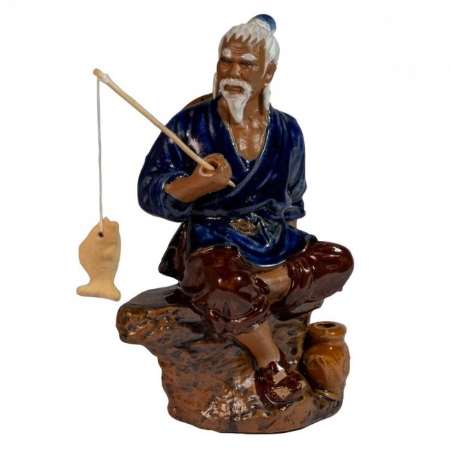 Velká Keramická Figurka - Starý Rybář s Prutem Chytající Ryby